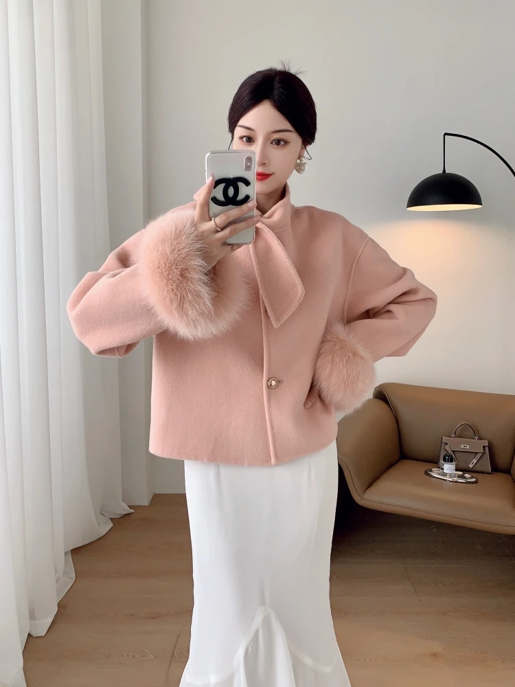 23 Winter New Bow Short Cuff Fox Fur Fur Double-Faced Woolen Goods Cashmere Wool Overcoat Coat for Women