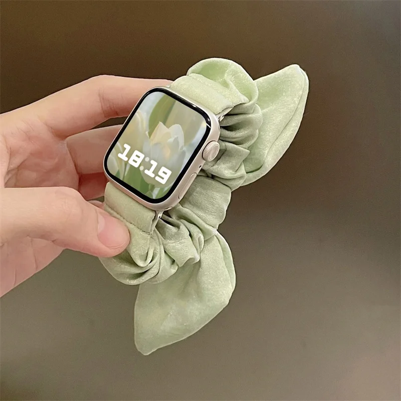 Korea Cute Bow Hair Band Strap For Apple Watch Band 49mm 44mm 40mm 45mm 41mm Fashion Lady Elastic Strap Band For watch 9 8 7 6 5