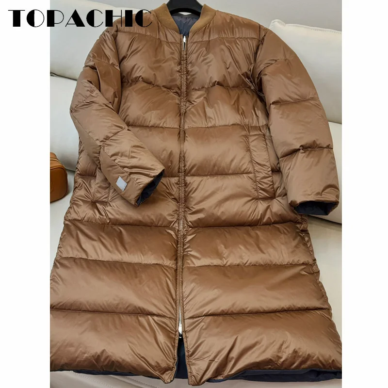 9.5 TOPACHIC-Women Collarless Double-Sided Wear Design Zipper Down Jacket High Quality Goose Down Keep Warm Long Loose Outerwear