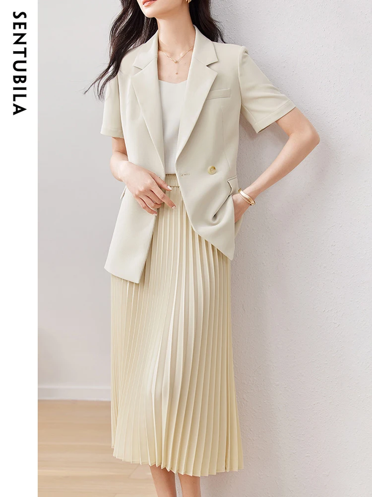 SENTUBILA Office Lady Blazer and Skirt 2 Piece Set for Women 2024 Summer Short Sleeve Jacket Pleated Skirts Suit Woman 132Z49856