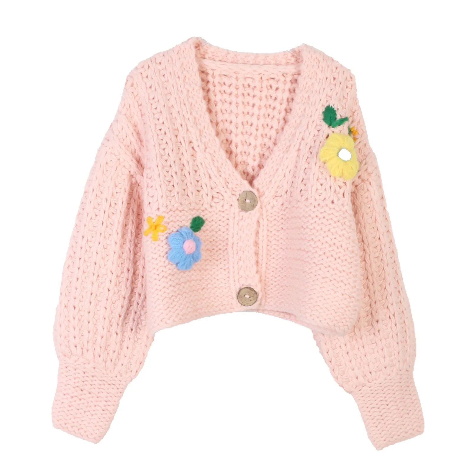 

Pink Sweet Bohemian Three-dimensional Flower Sweater Cardigan Women's Thick Stick Hand-crocheted Knitted Sweater Coat Women Tops