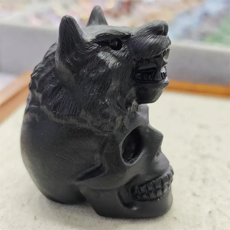 Natural Black Obsidian Wolf With Skull Carving Ornaments Crystals  Healing Home Decoration Accessories Holiday Gift 1PCS