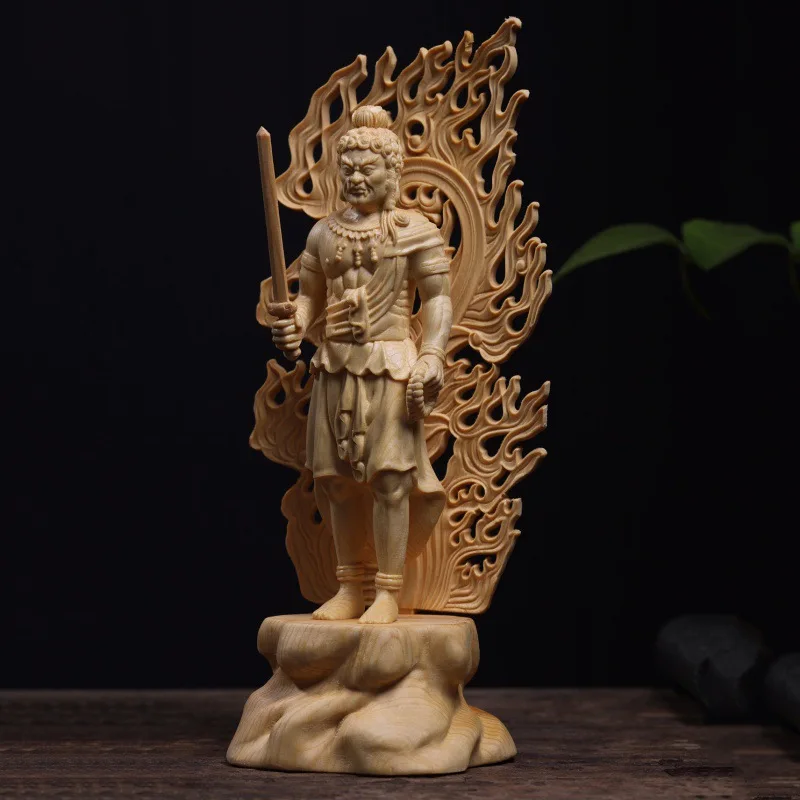 Wood Carved Hand Carved Fudo Myoo Acalanatha Standing Statue Figurine Zodiac Guardian Home Altar Temple Shrine Decor Gift