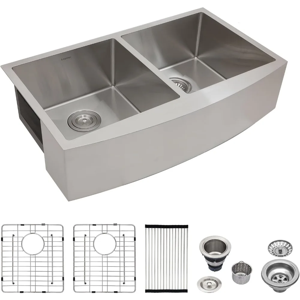 

36 Farmhouse Double Sink - Logmey Stainless Steel Double Bowl Kitchen Sink 16 Gauge Apron Front Sink 36x20x9 Inch 60/40 Farm