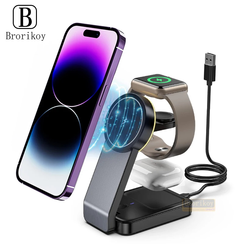 3 In 1 Magnetic Wireless Charger Stand Pad Foldable Fast Charging Station Dock For iPhone 15 14 13 Pro Mini Samsung Airpods Pro