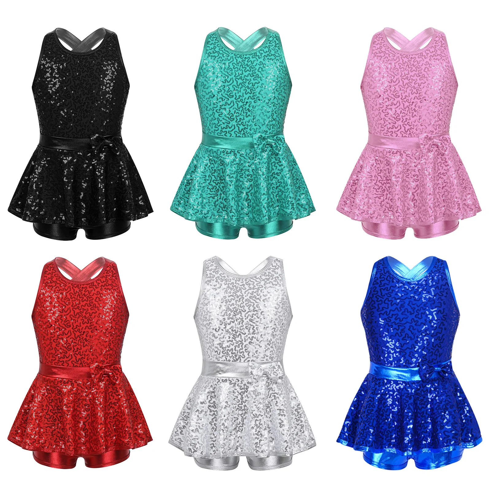 Girls Ballet Dance Leotard Dress Jazz Modern Tap Dance Dress Kids Sleeveless Shiny Sequined Criss Cross Back Waist Bowknot Dress