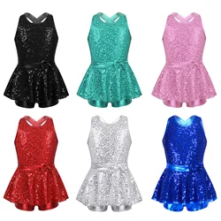 Kids Girls Ballet Dance Leotard Dress Jazz Modern Dance Jumpsuit Sleeveless Shiny Sequins Criss Cross Back Waist Bowknot Dress