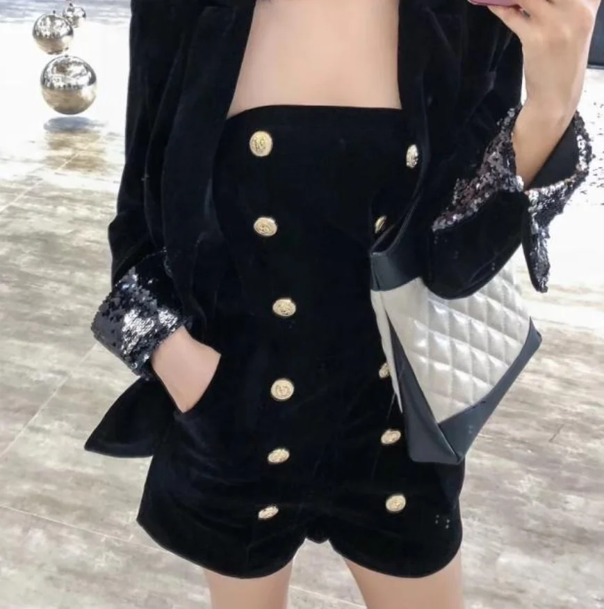 

Double-breasted gold velvet shorts women wide-leg trousers