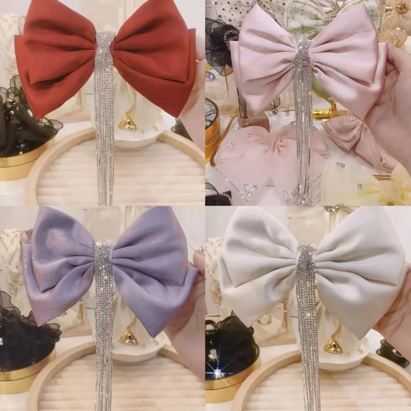 Korean Style Large Bow Perfect Hair Clip with Shiny Rhinestones and Long Tassel for Women, Perfect Wedding Hair Accessories