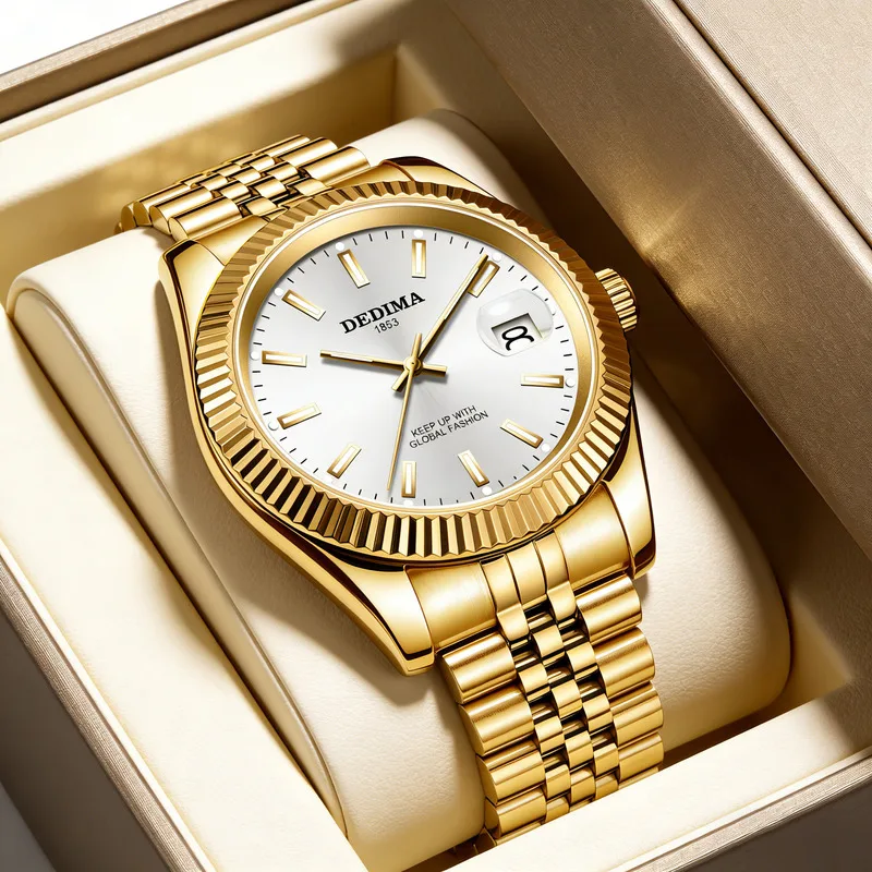 2026 New High End Fashion Couple Quartz Watch Gold Strap Female Male Watch Calendar Luminous Waterproof Men Women Wristwatch