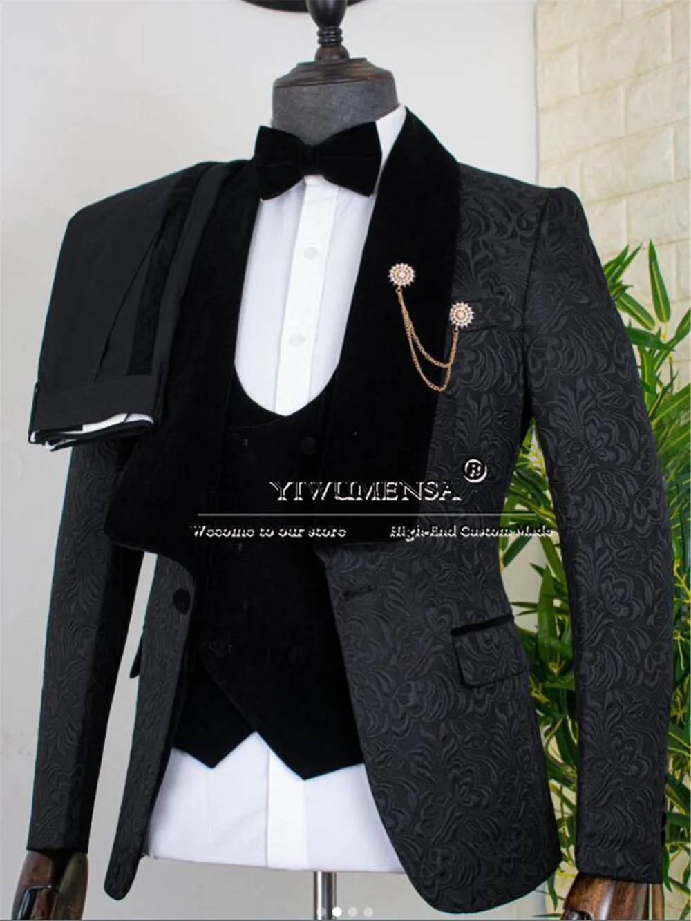 Boyfriend Jacquard Suits Men Black Shawl Lapel Groom Wedding Tuxedo Custom Made Formal Party Man Business Banquet Prom Blazer