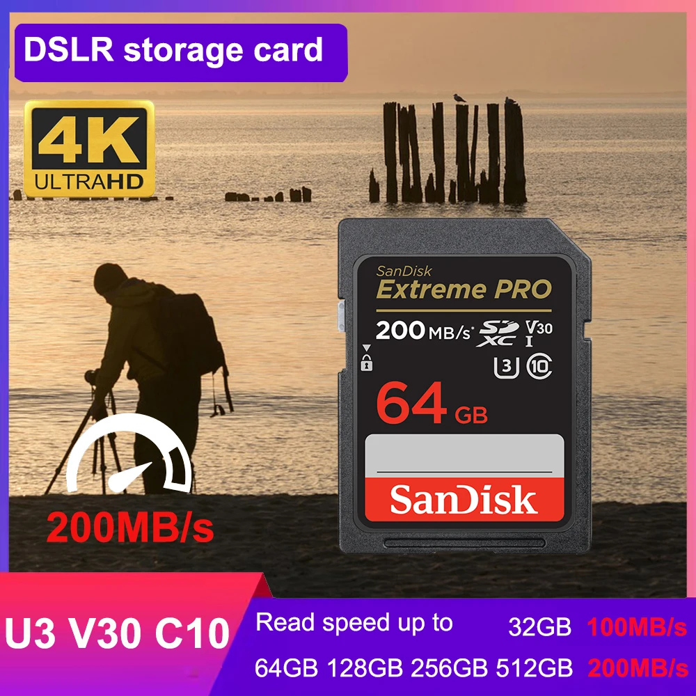 SanDisk Extreme PRO SD Card 32G 64G 128G 256G SDHC SDXC UHS-I C10 100M/s-200MB/s U3 Memory Card Support V30 4K For Camera/DV/SLR