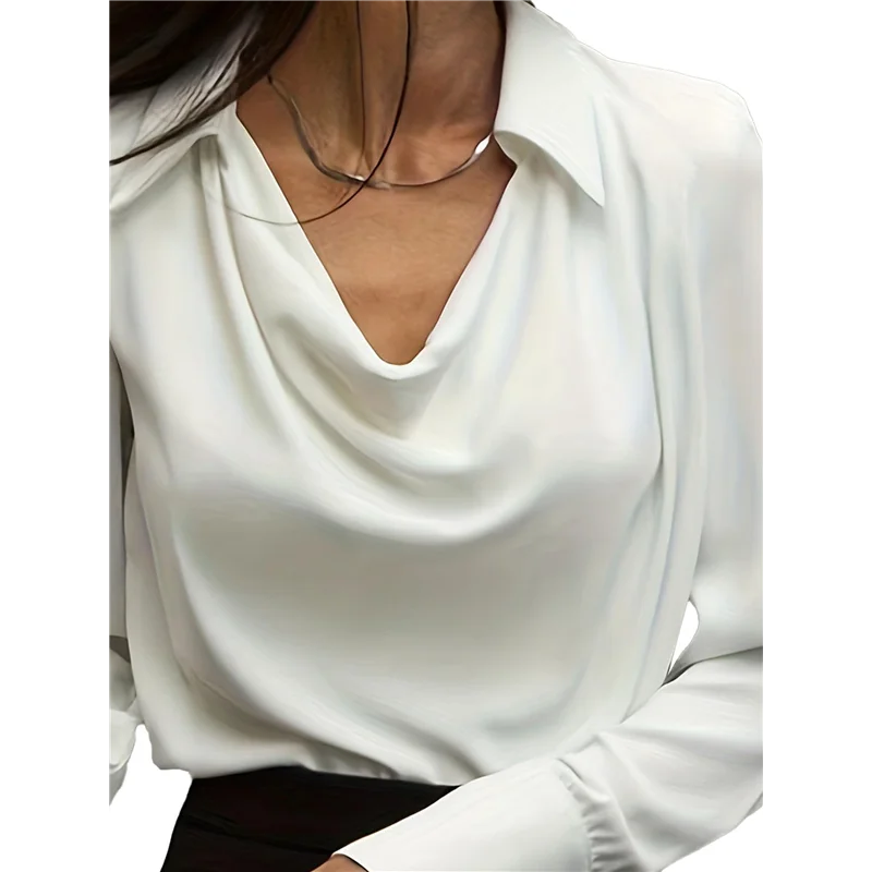 

AG-Women's Elegant Satin Silk Blouse Cowl Neck Ruched Front Draped Long Sleeve Work Office Shirt Top