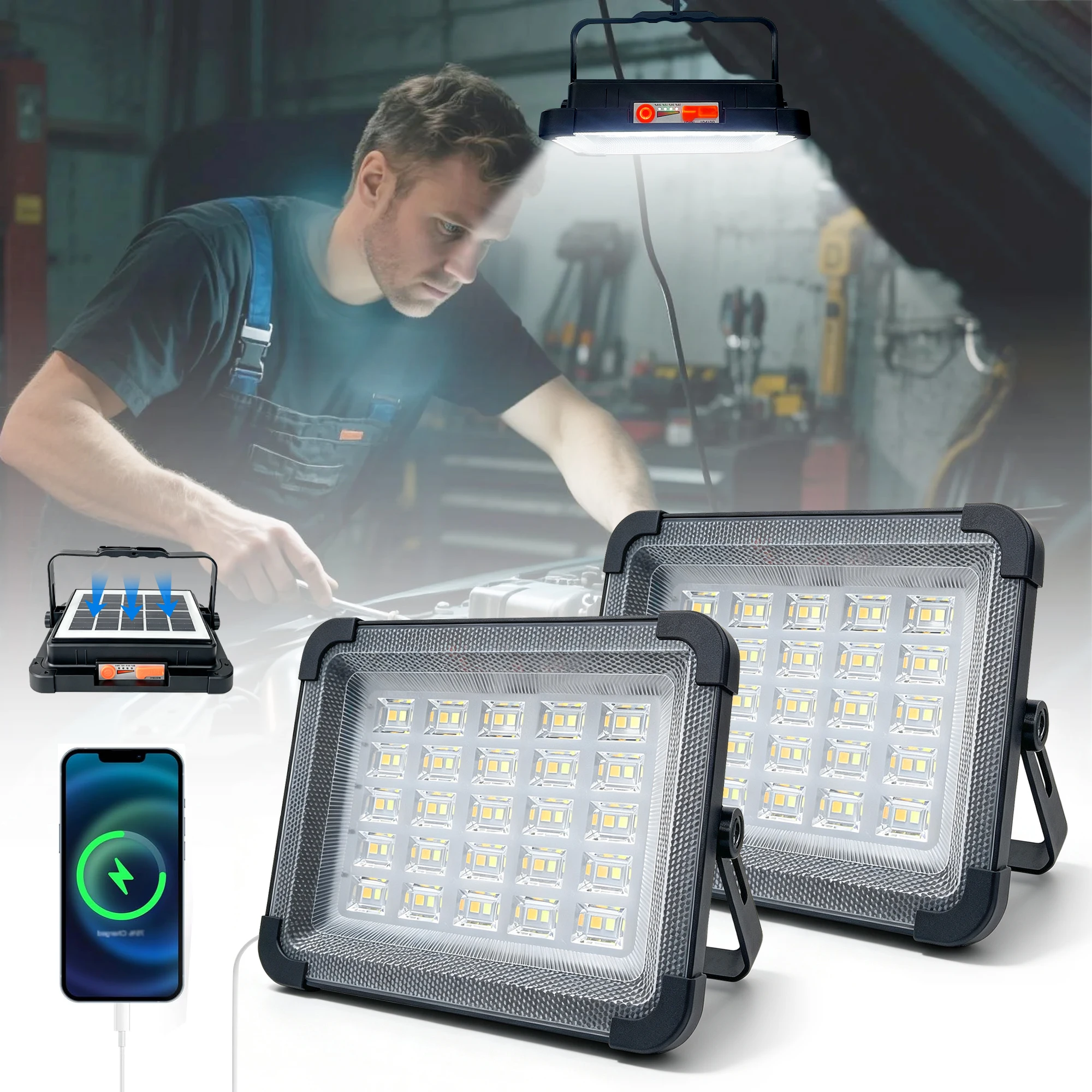 Outdoor Portable LED Solar Floodlight Rechargeable 500W Spotlight Lantern Suitable for Emergency Lighting Camping Searchlight