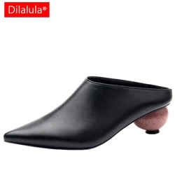 Dilalula 2025 Summer Genuine Leather Mules Women Pointed Covered Toe Med Ball Shape Heel Office Ladies Slippers Strange Heel