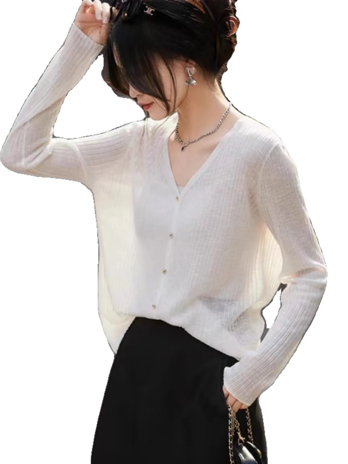 Temperament ice silk cardigan sun protection knit blouse women long sleeve summer thin with skirt with short top