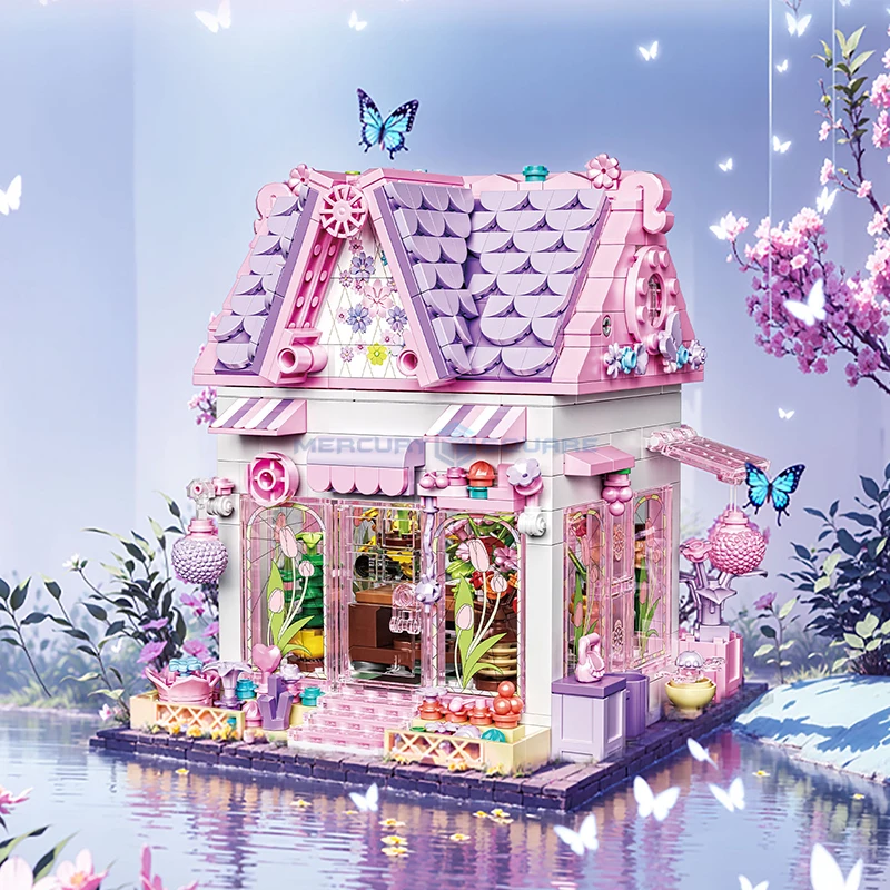 Pink Cottage MOC 33223 Cozy Cabin House Bungalow Architecture Bricks Flower Room Model Building Blocks Gift Ideas Toy Kids Girls