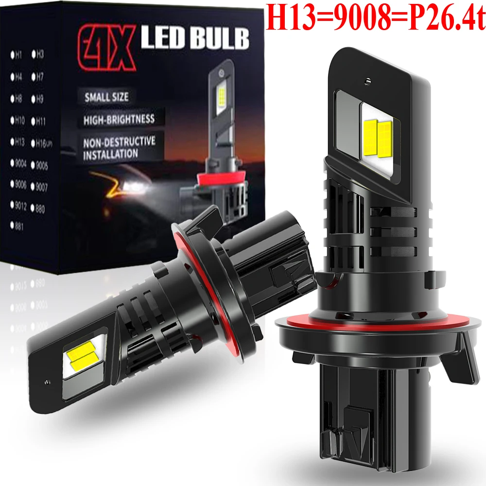 

2 шт. H13 9008 Мощные светодиодные лампы для фар P26.4t, совместимые с Canbus, турбо-диодные лампы, белые, для мотоциклов, противотуманные фары, 12В 55Вт, без адаптера