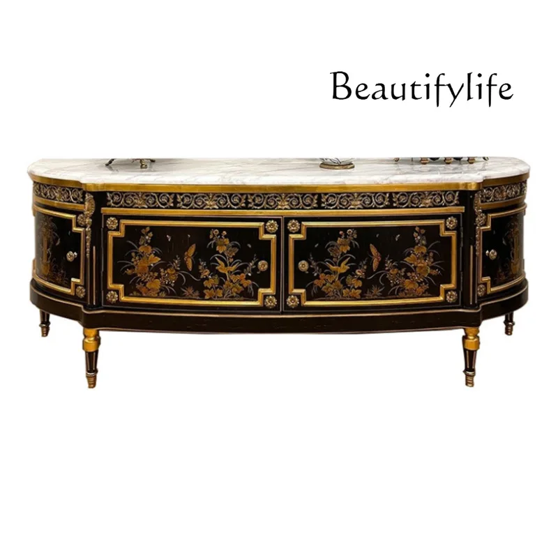 

French solid wood black painted carved TV cabinet marble countertop living room decoration dining side storage