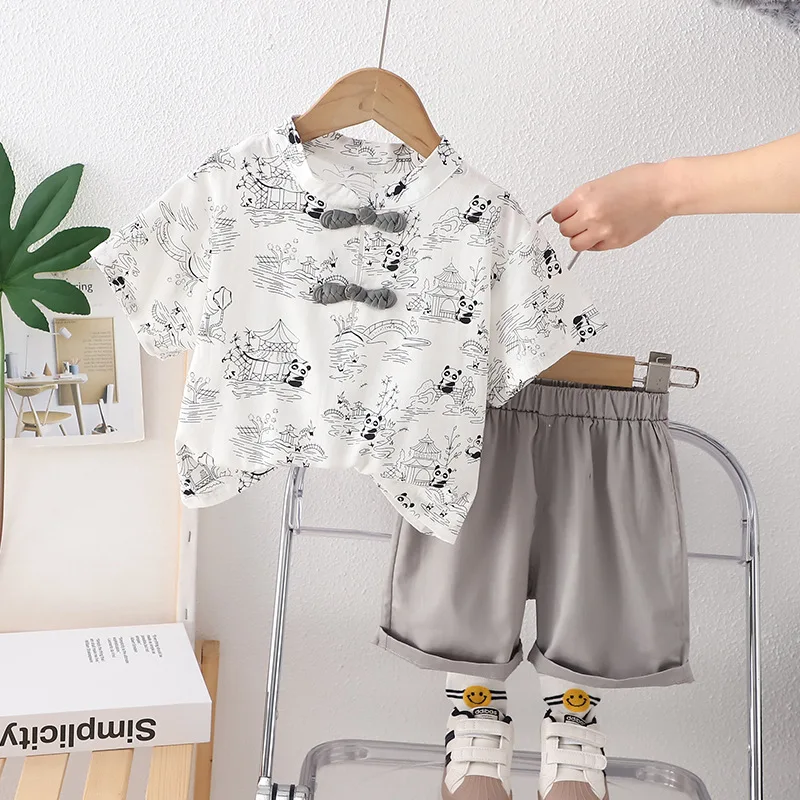 

Summer new children fashion panda garden plate buckle short sleeve suit boy foreign style Chinese style short sleeve suit