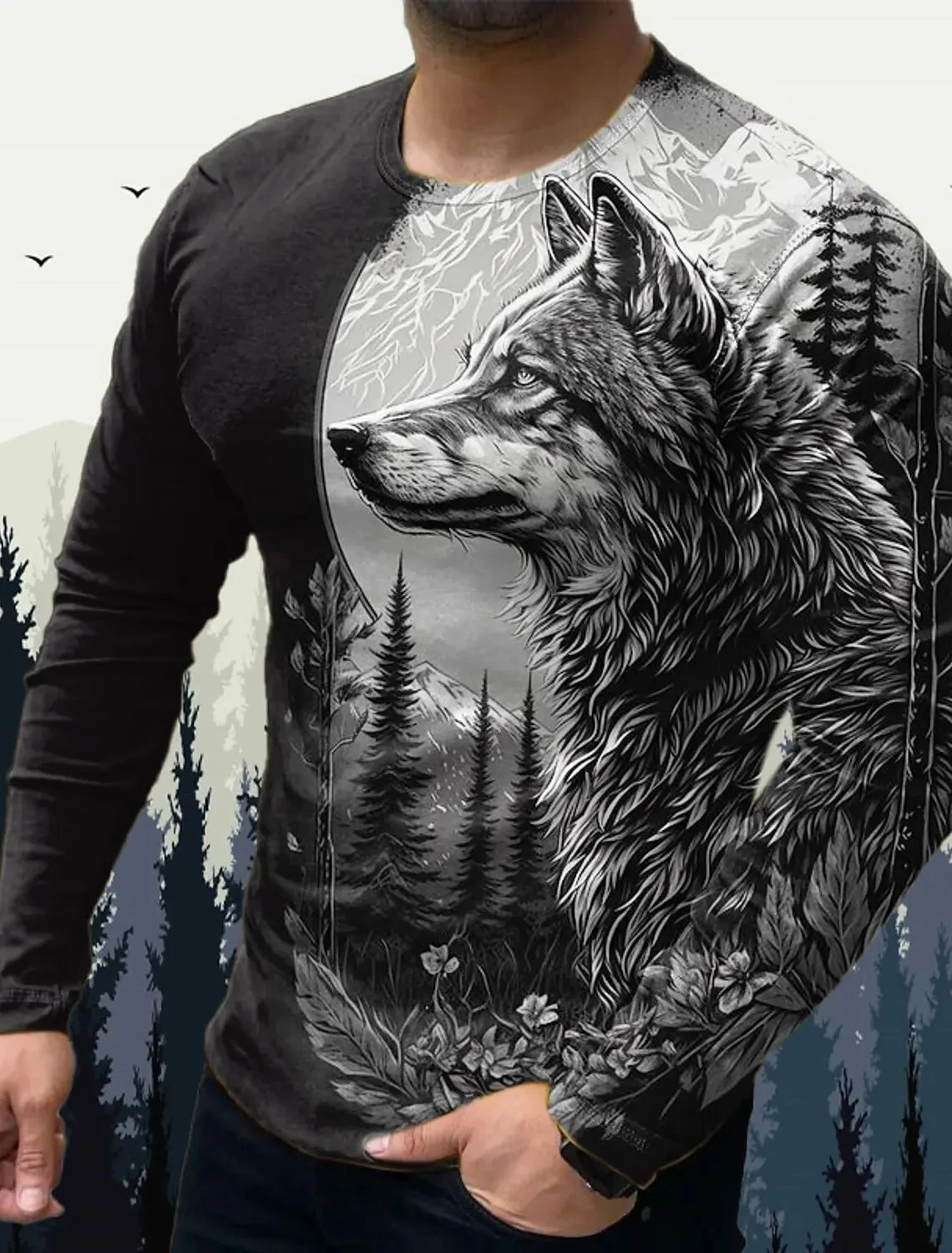 Fashion Men T shirt 3d Print Animal Wolf Men Long sleeve T shirt Autumn Casual Sportswear Loose Comfortable Men Clothing Top