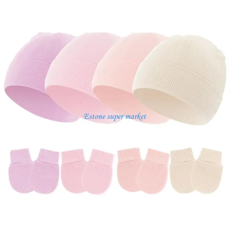 090B 4 Set Fashionable Caps Brimless Baby Hat Trendy Headgear with Anti-grab Mittens