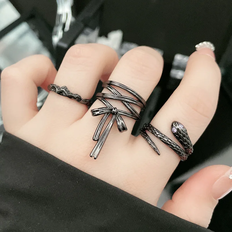 Retro Ballet Ribbon Bowknot Snake Ring Set For Women Copper Punk Gothic Open Ring Designer Jewelry Creative Fashion Accessories