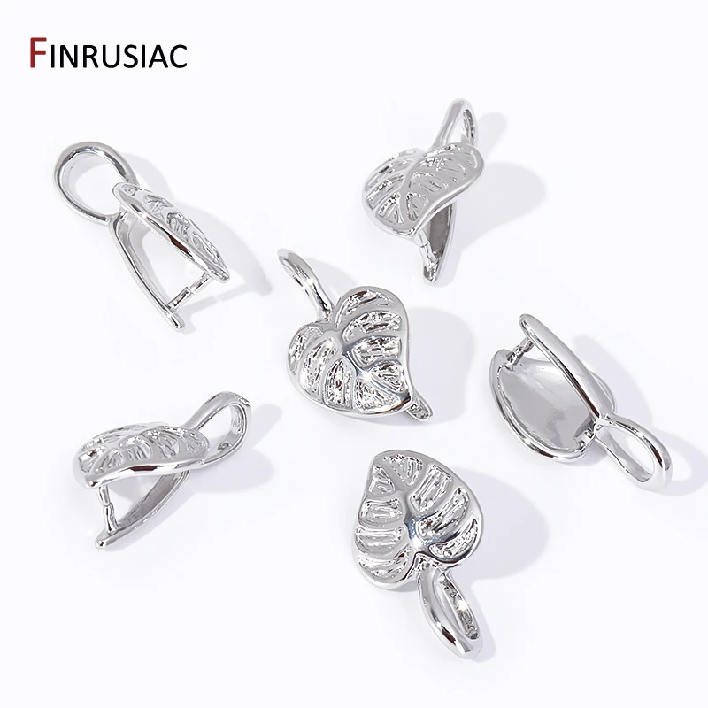 Wholesale Rhodium Plated Leaf Pendant Pinch Bail Clasps With Ring,Brass Pinch Clips Connector For DIY Jewelry Making Supplies