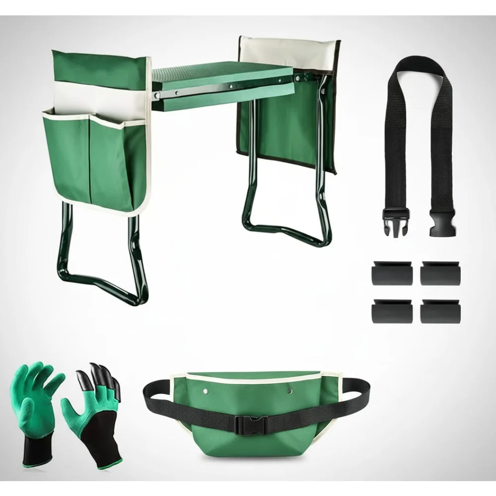 

Folding Garden Kneeler & Seat with Tool Pouch, Portable Gardening Stool for Seniors & Gardeners, Comfortable EVA Pad