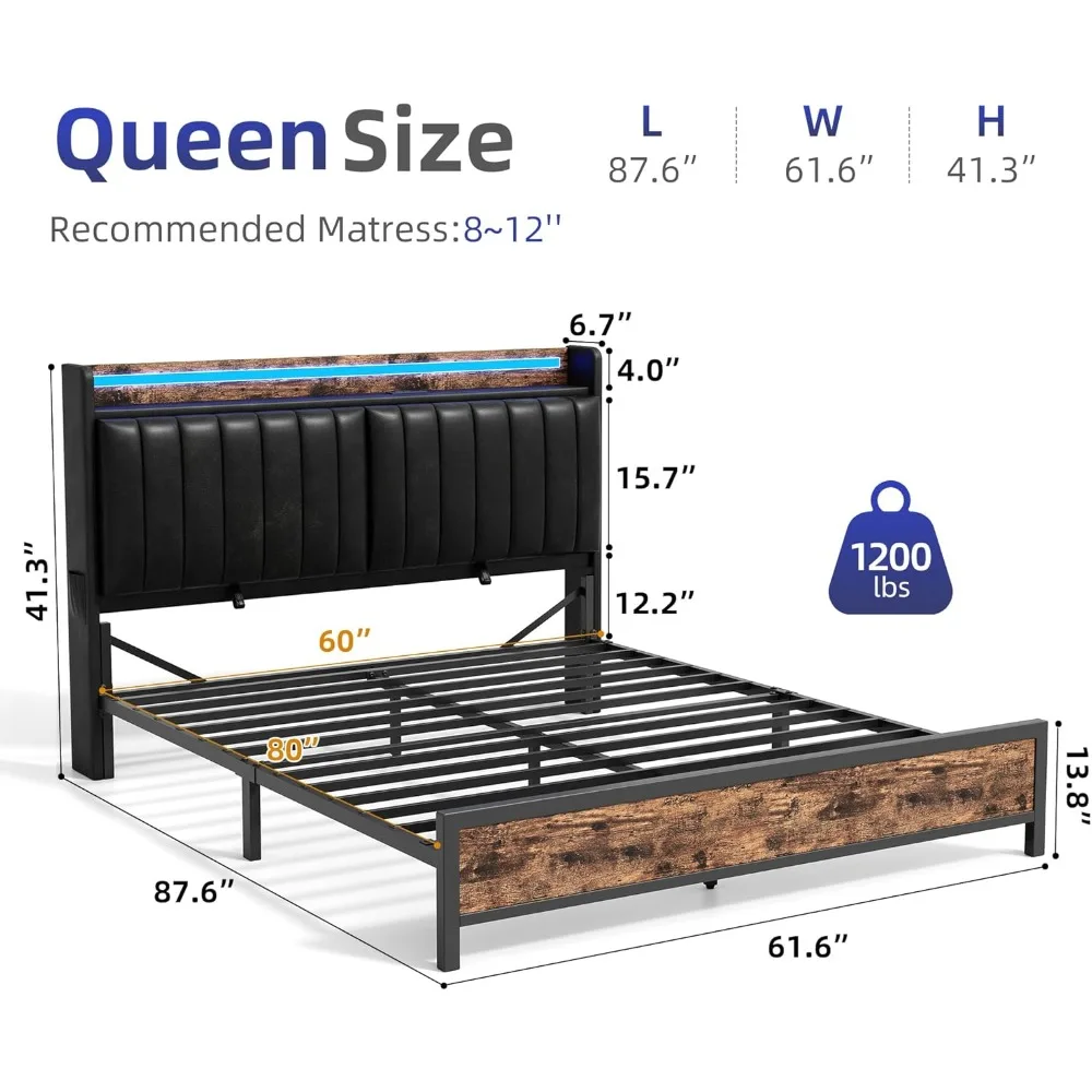 إطار سرير كوين بمسند ظهر قابل للتعديل مع مساحة تخزين مخفية ومنفروشات جلدية من البولي يوريثان، يتضمن محطة شحن