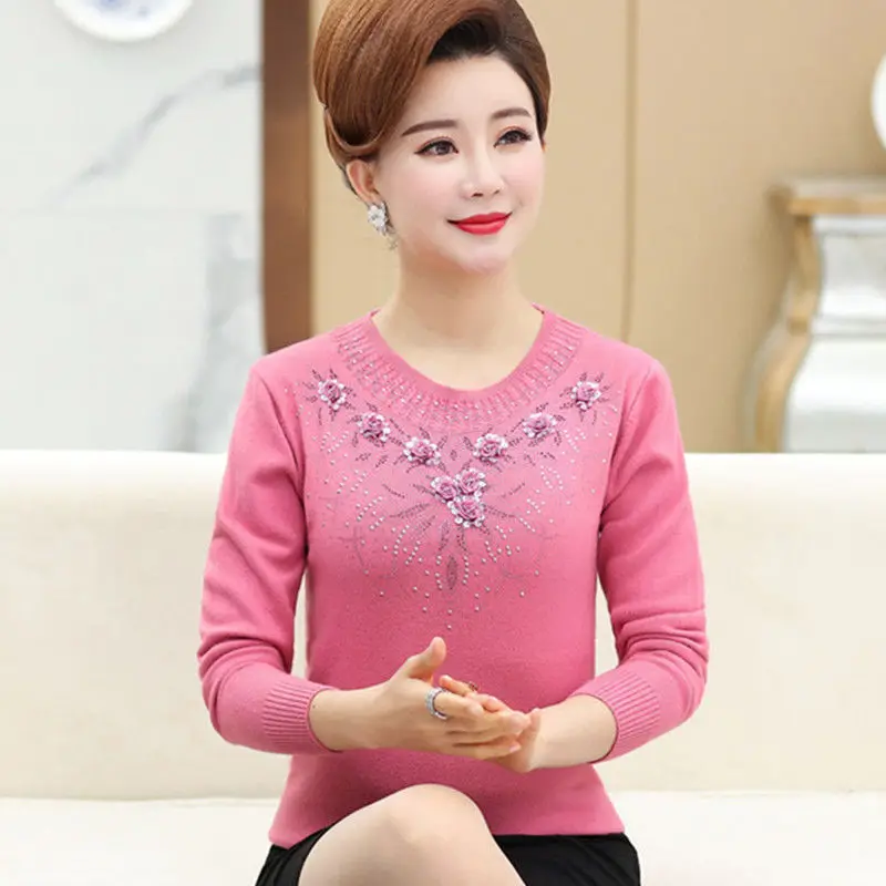 Elegant O-Neck Knitted Sequined Diamonds Sweaters Women\'s Clothing 2023 Autumn Winter Loose Office Lady Pullovers All-match Tops