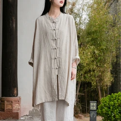 Oversized Women Cotton Linen Long Shirt New 2025 Spring Chinese Style Vintage Solid Color Loose Female Casual Tops Shirts M571