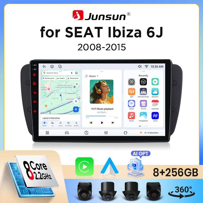 Autoradio Junsun sans fil CarPlay Android Auto pour SEAT Ibiza Mk4 (6J/6P) 2008-2017 avec ventilateur de refroidissement intégré, navigation GPS Android, lecteur multimédia, WiFi, DSP, RDS, BT, SWC, écran tactile IPS, autoradio, lecteur vidéo, unité principale, stéréo