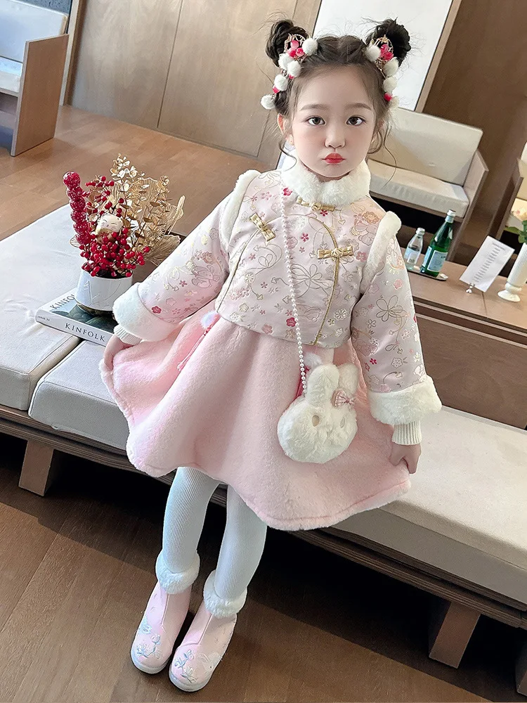 New Winter Collection For Girls' Year's Clothing, Children's Western Style Thickened Fake Two Piece Hanfu Dress, Chinese Pink