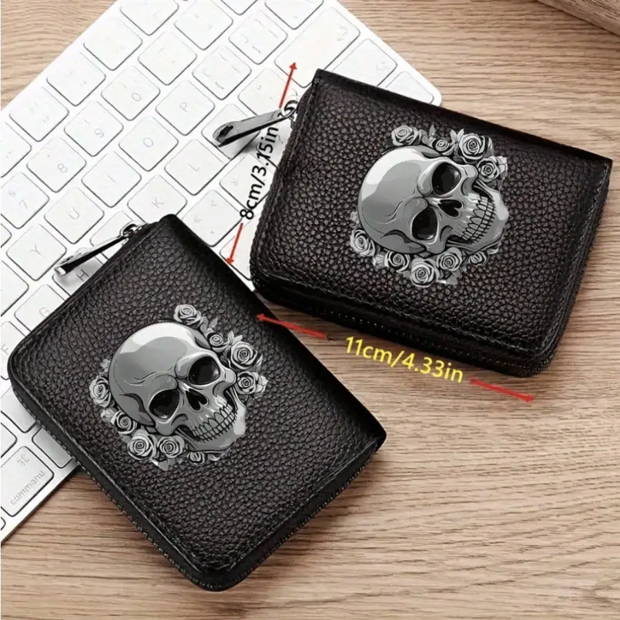 Gothic-Geldbörse mit Totenkopf-Blumendruck, multifunktionaler Kartenhalter, Münzgeldbörse mit Reißverschluss, einzigartiges Geschenk für Männer, Mini-Geldbörse, Kartenhalter – Detail 5