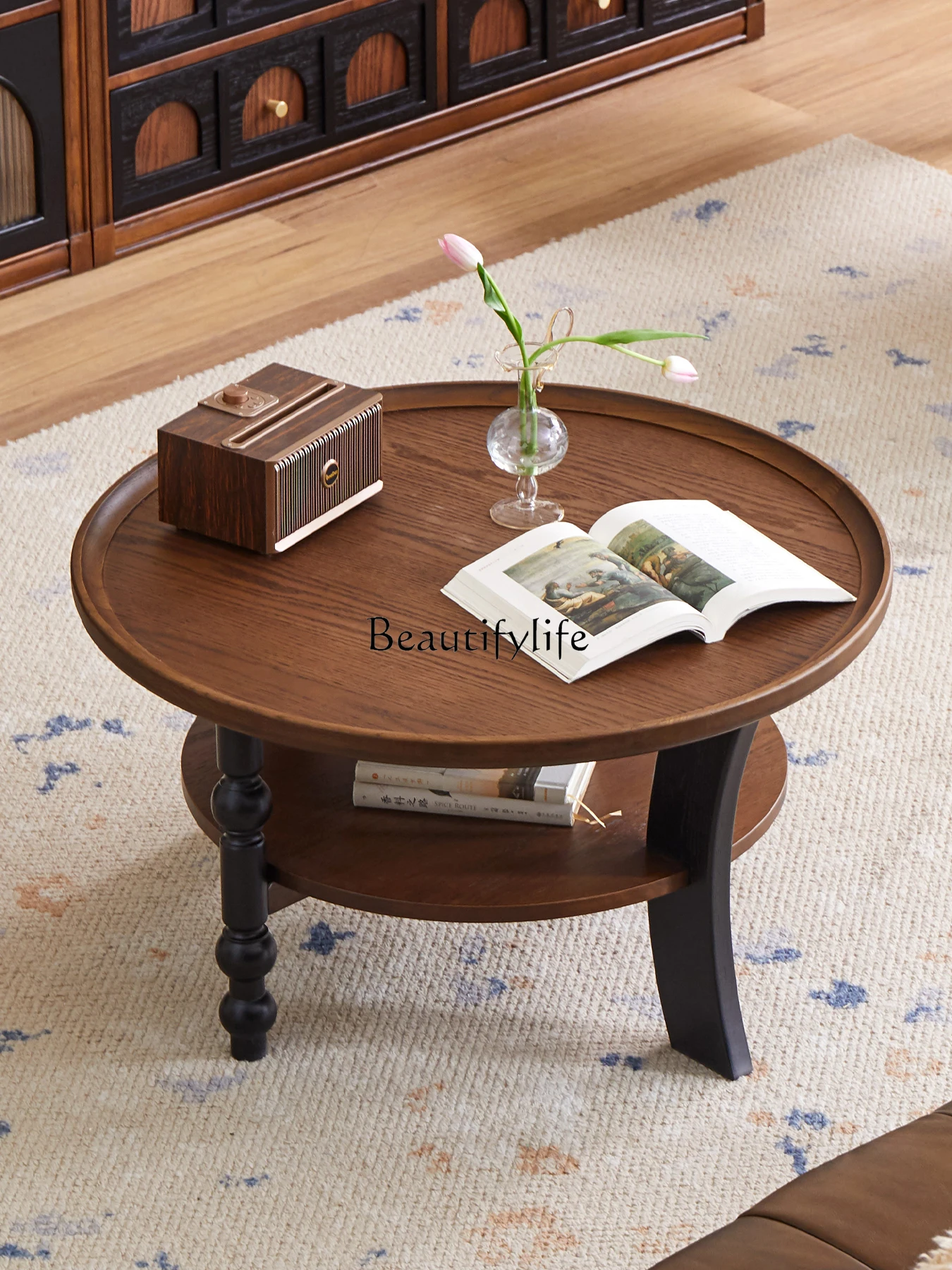 

Medieval solid wood round tea table small apartment living room household balcony small tea table