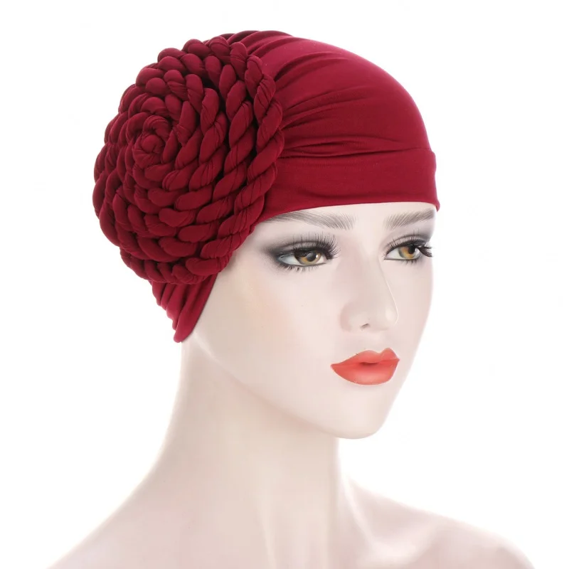 2020 Muslim European and American Foreign Trade Side Braid Monochrome Milk Silk India Toque Cap Spot