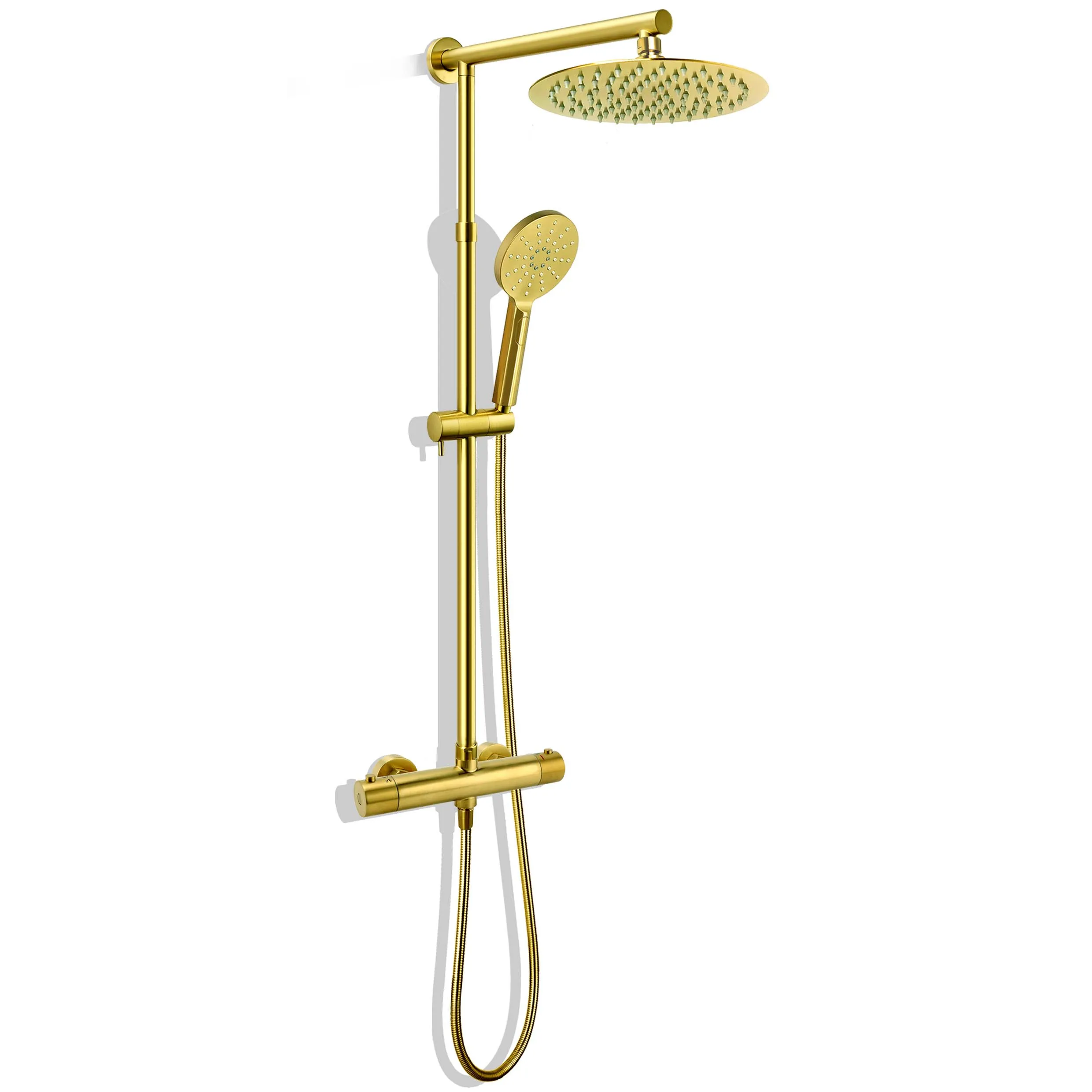 

Modern Brushed Gold Exposed Bathroom Twin Shower Head Hand Held Slider Bar Set Round Thermostatic Shower Mixer Valve