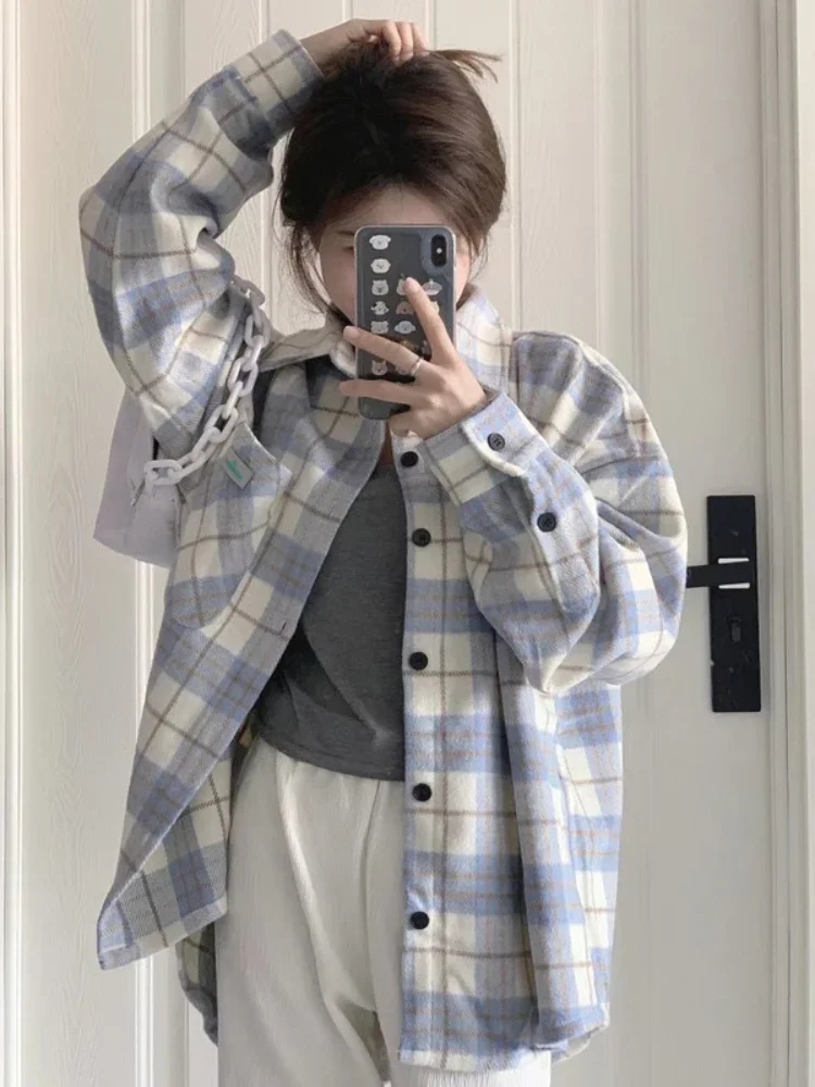

Spring Autumn Shirts Plaid Single Breasted Turn Down Collar Long Sleeve Blouses Fashion Vintage All Match 2024 Women's Clothing