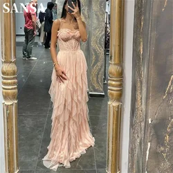 Sansa Sexy Edge Curl A-line Prom Dress Spaghetti Strap Champagne فساتين سهره فاخره Sweet Lace Embroid Vestidos De Noche