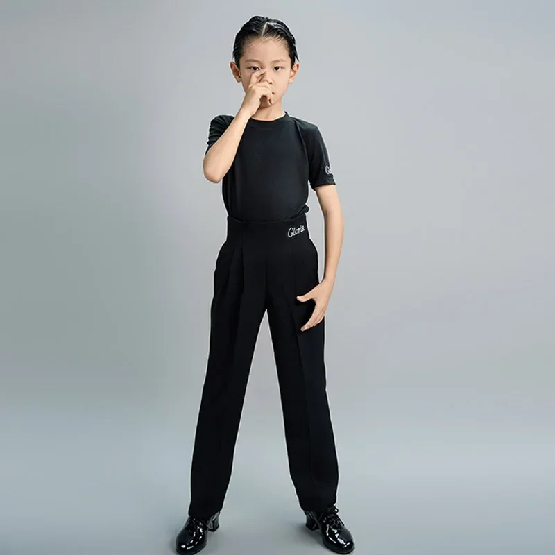 Boys Latin Dance Outfit Round Neck Short Sleeve Top Pants Set Kids Dancing Performance Costume Blue Black Training Wear VDL3605