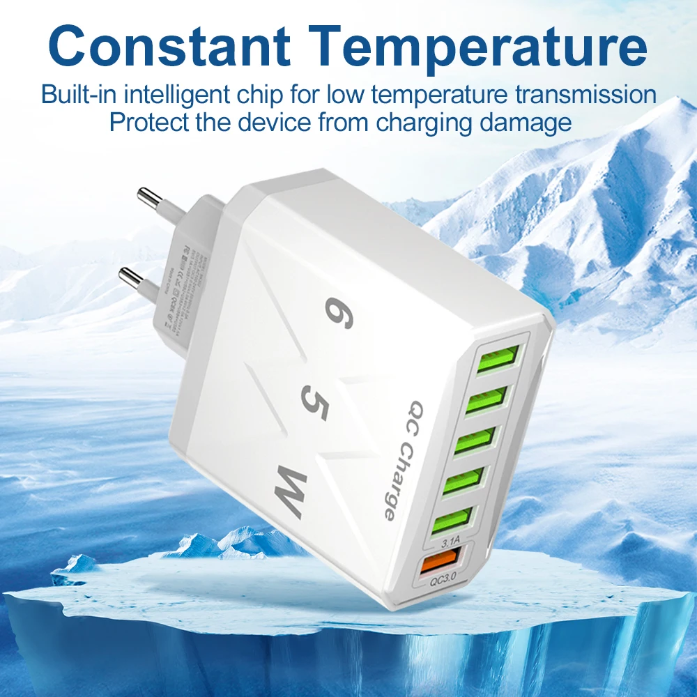 65W 6 Ports USB Fast Charger EU/US/UK Plug Quick Charge 3.0 For iPhone 14 13 Xiaomi Samsung Redmi K60 Travel Mobile Wall Charger image 3