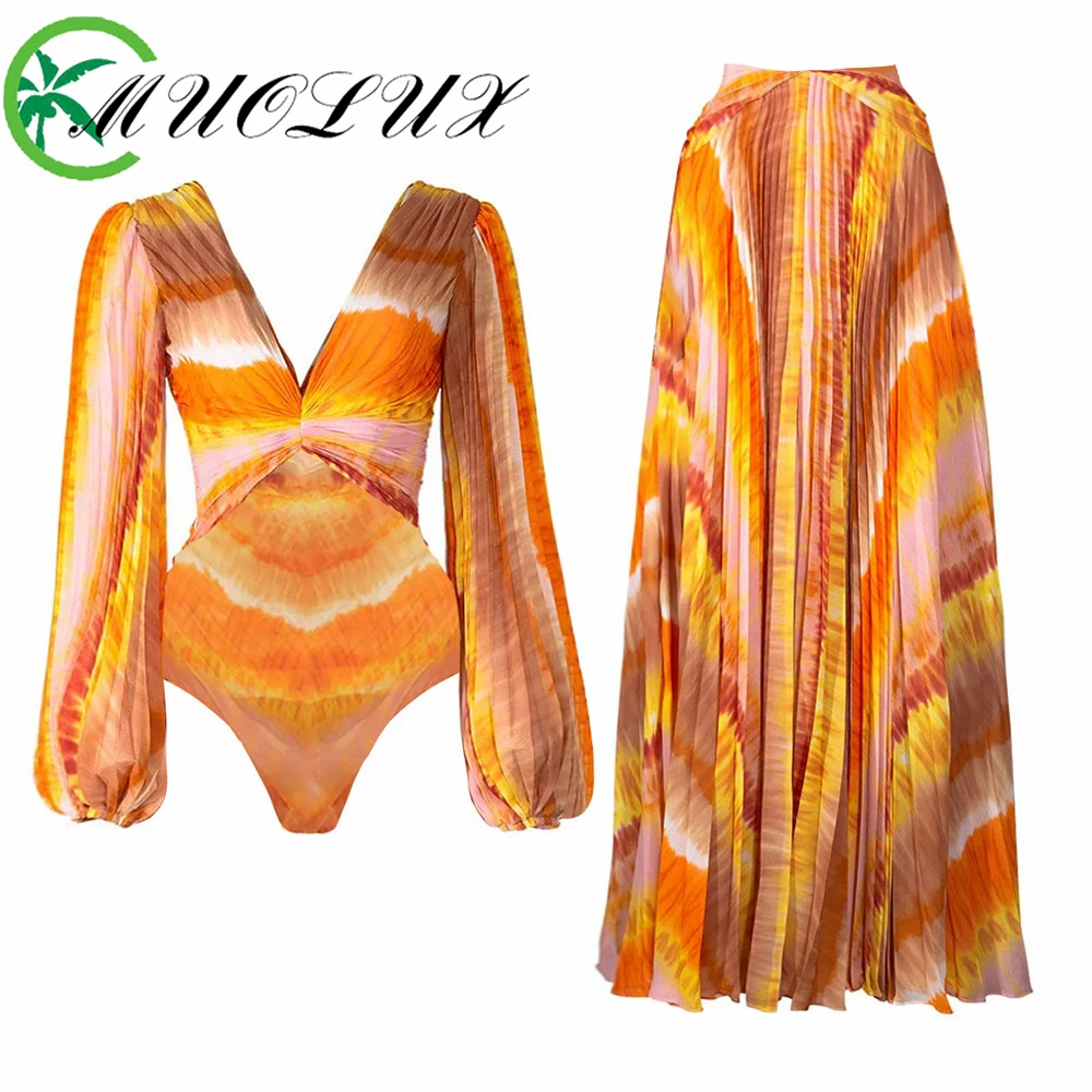 

MUOLUX Pleated Long Sleeved V-neck Dyed One-piece Swimsuit Set 2024 Summer New Sexy Bikini Vacation Women's Swimwear