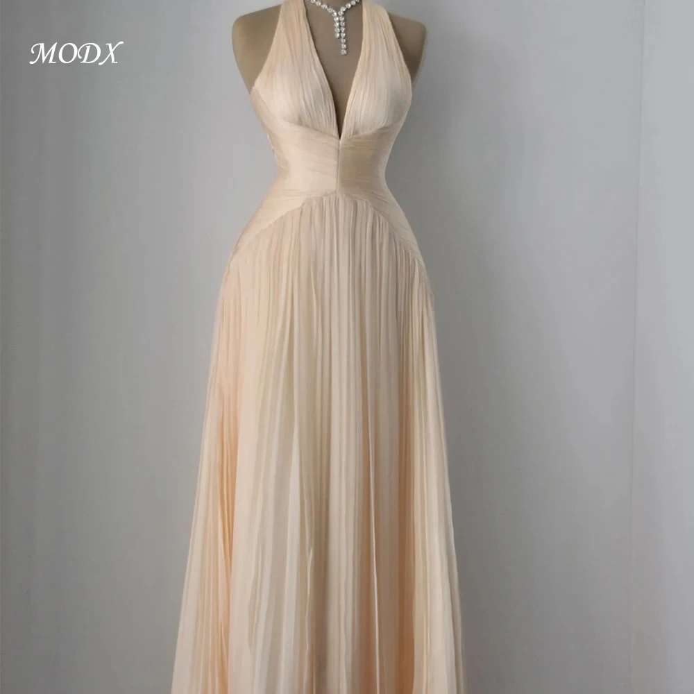 

MODX Chic Champagne Chiffon Evening Dresses Customized Halter Sleeveless Women Party Dress Formal Celebrity Gowns Quinceanera