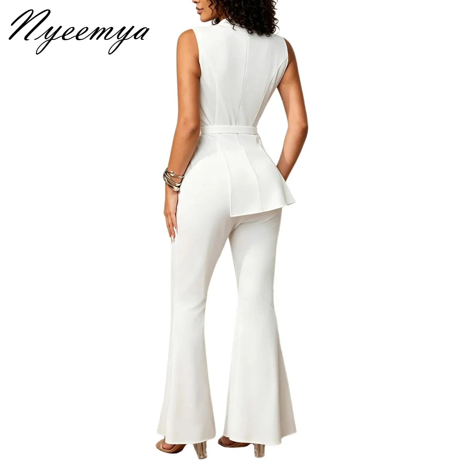 Women's Summer Fashion Jumpsuit Solid  Sleeveless One-Piece Suit Split Hem Bell-bottom Pants Bodysuit Office Work Party Wear