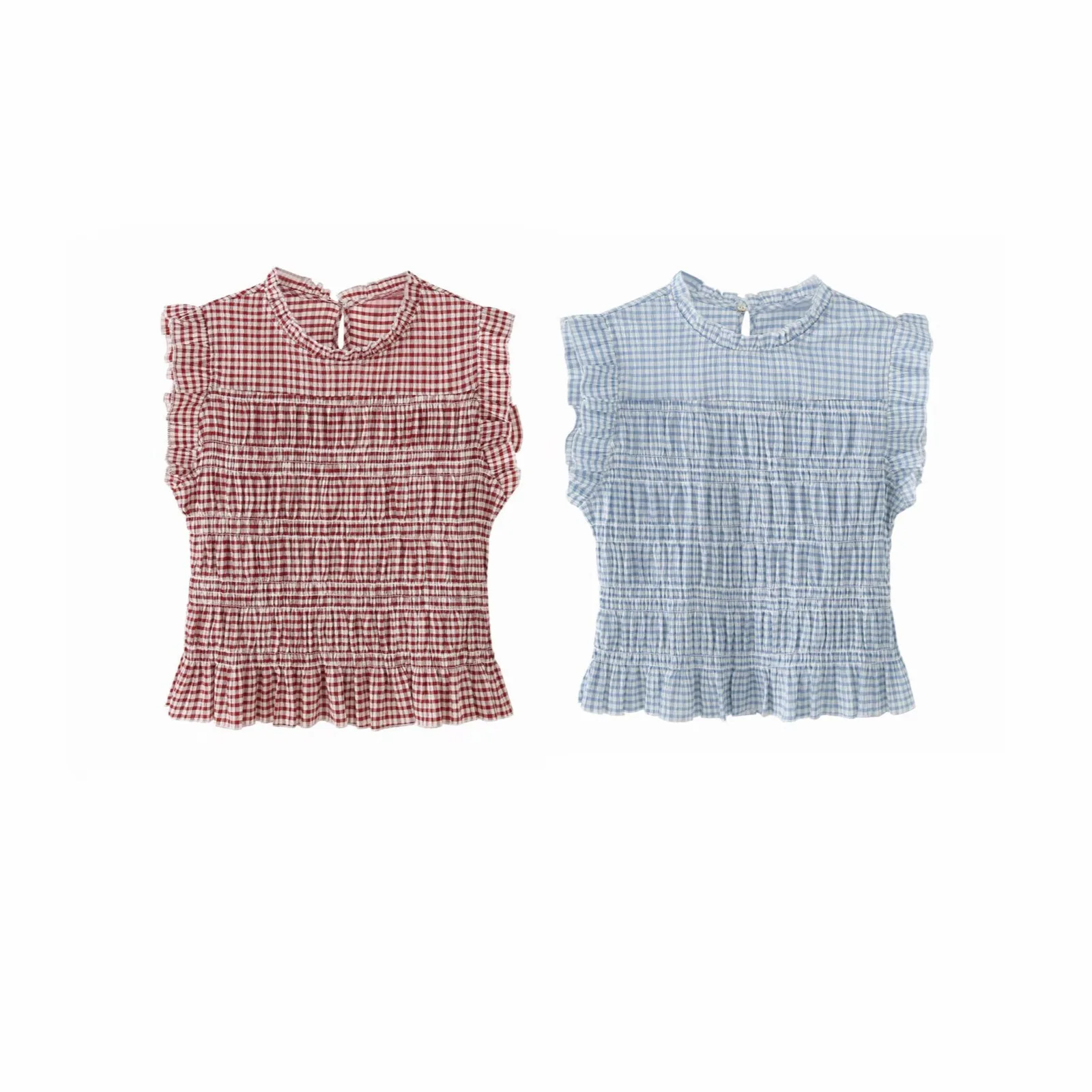 Popular 2026 Spring New French Retro Comfortable Casual Style Round Neck Plaid Honeycomb Top