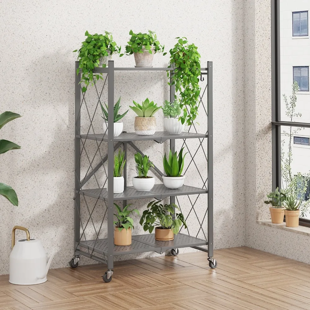 

Fenbeli 4-Tier Storage Shelving Unit, Metal Shelf, Foldable Storage Shelf with Wheels, Garage Shelf, Kitchen Shelf with 3 Hooks