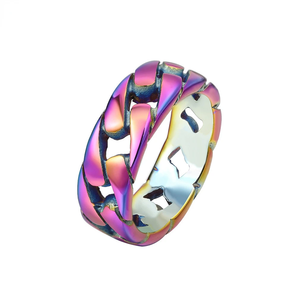 Megin D Stainless Steel Titanium Multi Color Weaven Chains Motor Hip Hop Punk Rings for Men Women Couple Friends Gift Jewelry