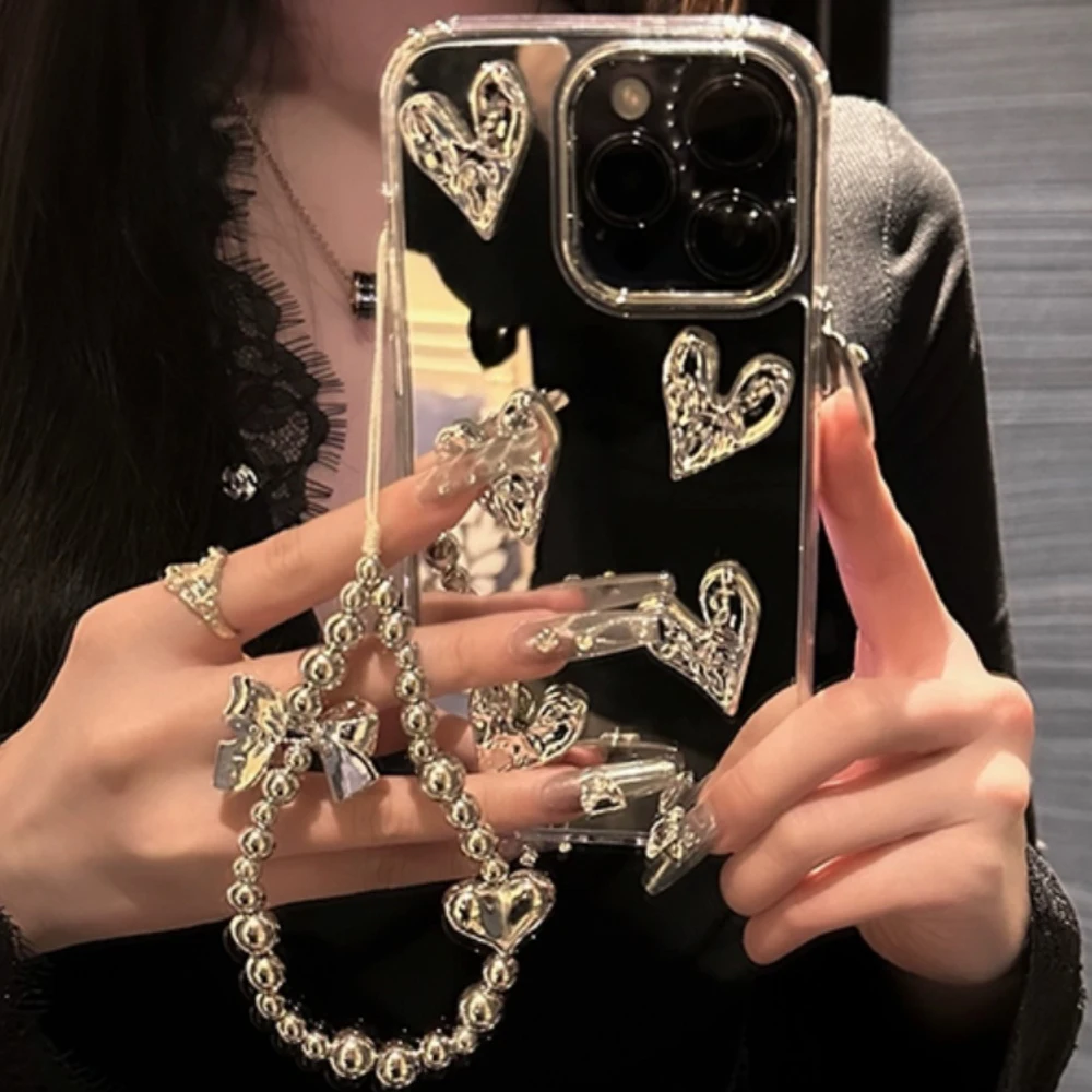 3D Love Mirror Electroplated Butterfly Beads Lanyard Wrist Strap Phone Case For iPhone 15 14 13 12 11 Pro Max + Plus X XR XSMax