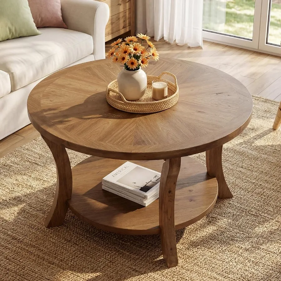 31.5 Round Solid Wood Coffee Table with Storage Shelf for Living Room, Natural Wood Tone, Rustic Charm and Space-Saving Design